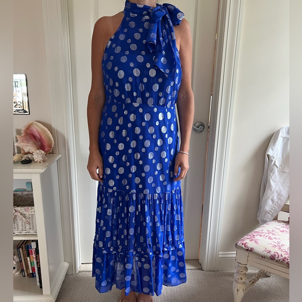 RIXO Eleanor Lame Blue and Silver Polka Dot Sleeveless Dress